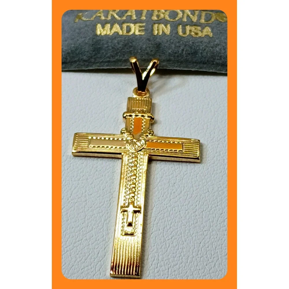 Karatbond Vintage Y2K Gold Textured Cross Heart Pendant Made in USA NOS